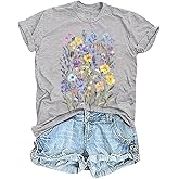 Womens Graphic Tee Vintage Floral T Shirts Boho Wildflower Short Sleeve Casual Tops