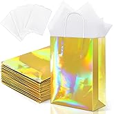 MIMIND 24 Pack Iridescent Paper Gift Bags with Handles Holographic Party Favor Bags with Tissue Paper 8.7 x 6.3 x 3.1 Inch Glitter Gold Foil Goodie Candy Bag for Wedding Baby Shower Birthday Party
