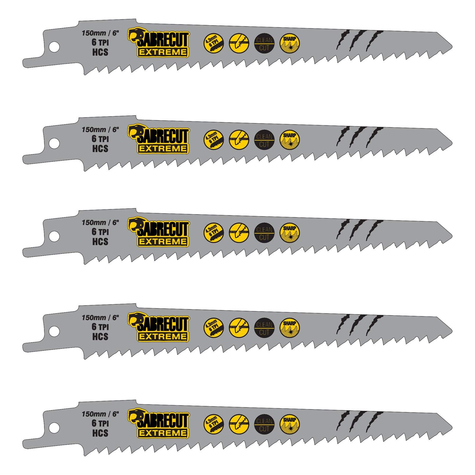 5 x SabreCut SCRS644D_5 150mm 6 TPI S644D Fast Wood Cutting Reciprocating Sabre Saw Blades