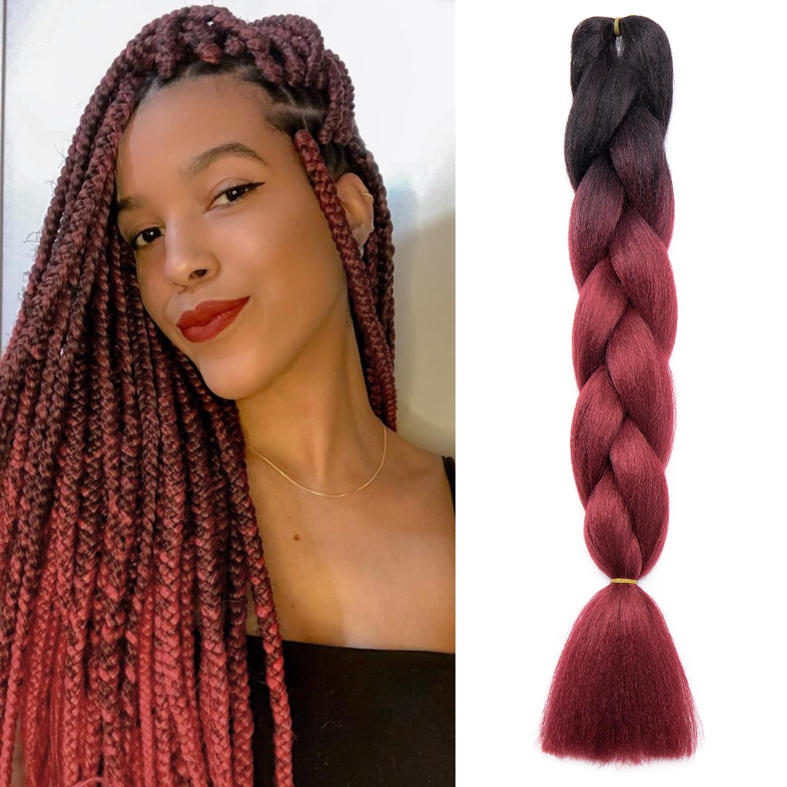 Silk-co 24 inch Silky Jumbo Braids Hair Afro Braiding Hair Extensions Ombre Synthetic Heat Resistant [100g Black-Wine Red] — image 1