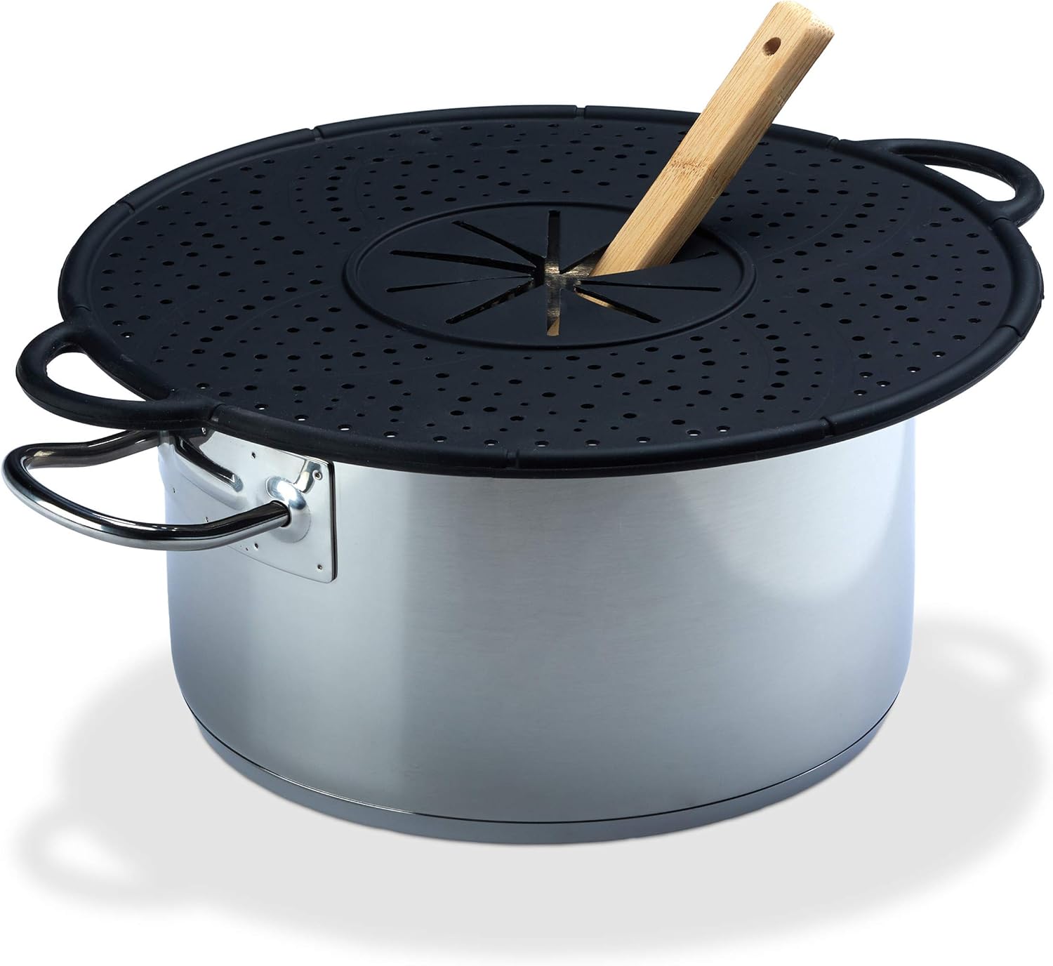 Relaxdays Überkochschutz Silikon, Spritzschutz & Untersetzer für Töpfe, hitzebeständig, pflegeleicht, 30 cm Ø, schwarz