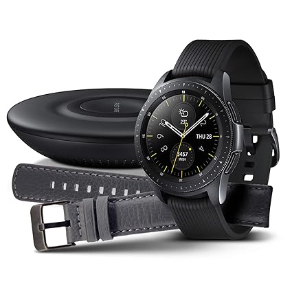 Samsung Galaxy Watch 42mm Bundle, schwarz + Charger und Lederarmband [Exklusiv bei Amazon]