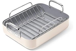 Caraway Roasting Pan - 16x13” Roasting Pan with Rack - Non-Stick Ceramic Coated - Non Toxic, PTFE & PFOA Free - Oven Safe & Compatible with All Stovetops - Cream