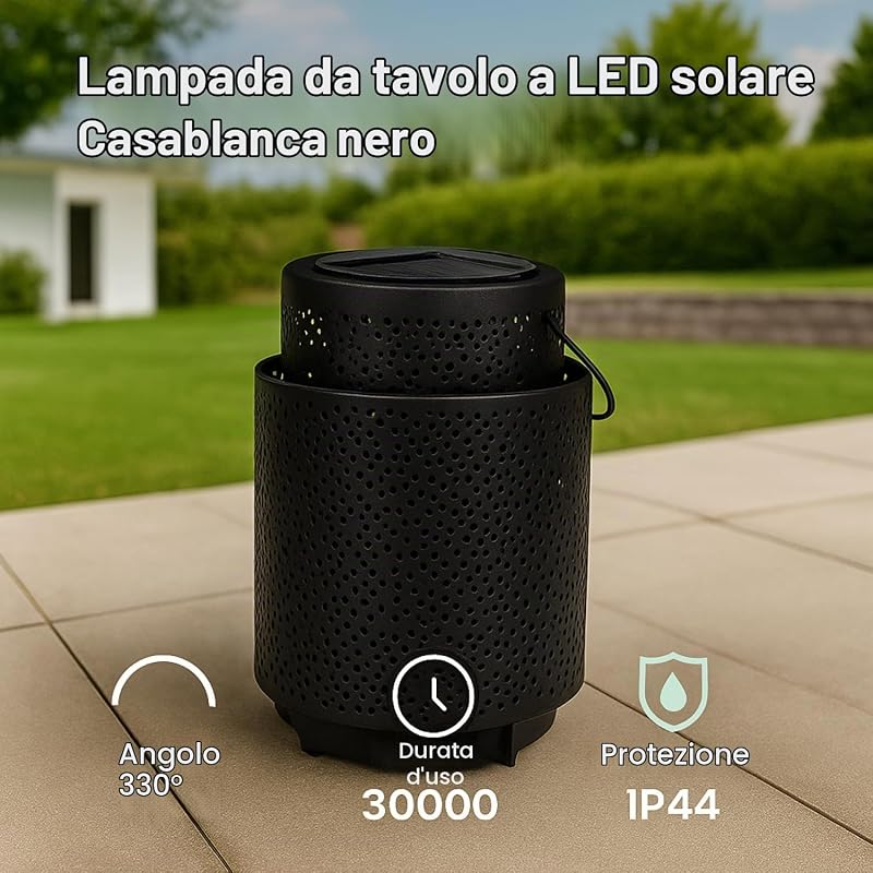 - Lampada solare LED da tavolo Casablanca Black, luce calda 2500K, dimmerabile, resistente all’acqua IP44, batteria integrata, ideale per terrazza e giardino.