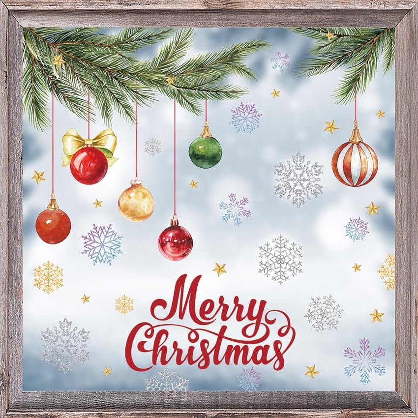 AIBIIN Christmas Window Stickers Xmas Balls Branches Snow Merry Christmas Window Clings for Home Party Decorations Double Sides Reusable Window Decals 8 Sheets