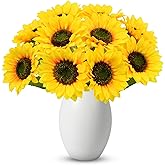 10 Pcs Artificial Sunflowers, Sunflowers Artificial Flowers with Stems, Faux Silk Huge Fake Flower Bouquet for Vase Decor Wedding Table Home Porch Indoor Outdoor Cemetery Decoration (Yellow, 6-Inch)