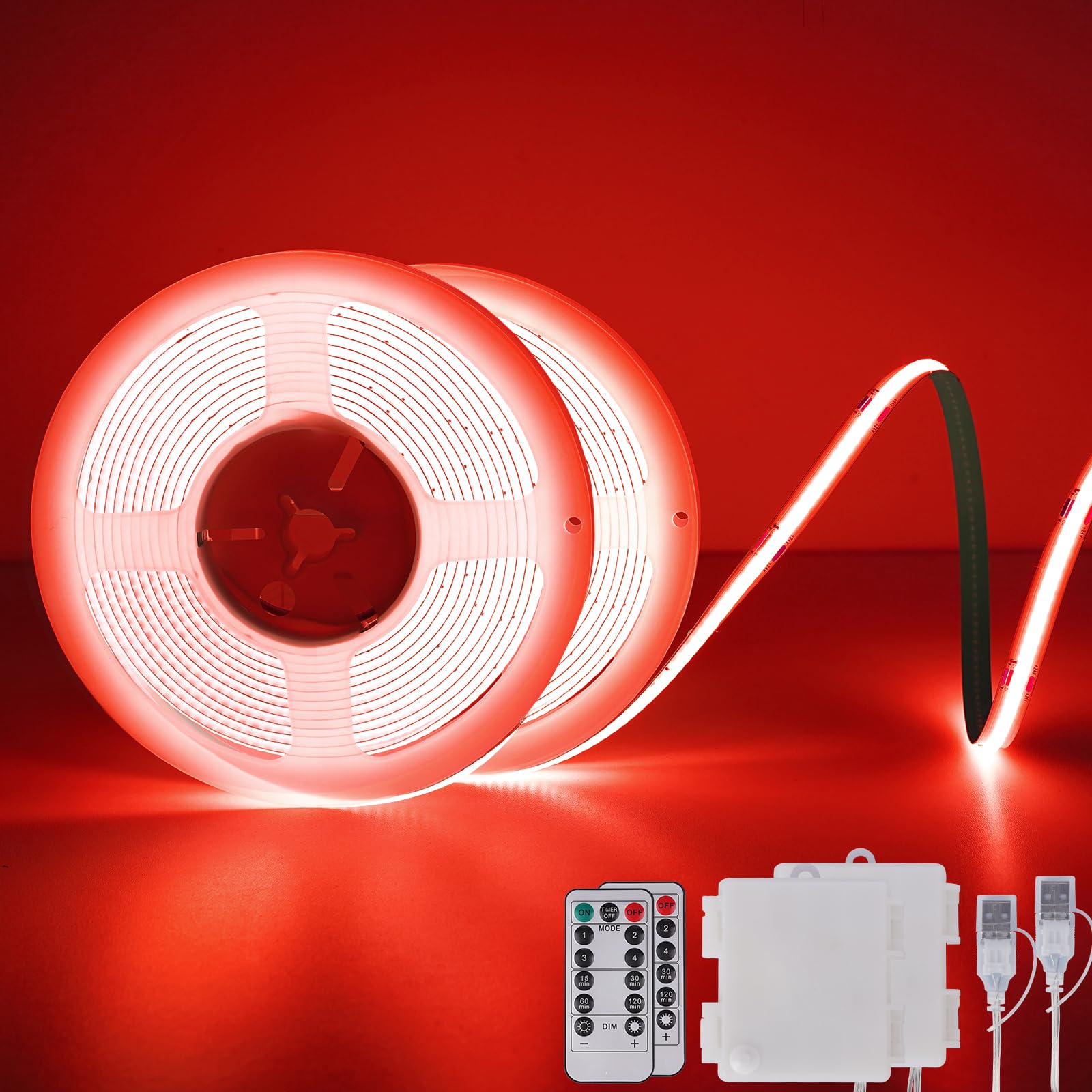 Photo 1 of (USED/FAIR) OMIKA Red COB LED Strip Lights Battery Powered, 6.56FT 640LED Light Strip Dimmable Cuttable Flexible LED Lights with Remote for Boat, Cars Motorcycles, Computer, Party, TV Wall, DIY Decor(2 Pack)