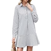 EZAPINE Womens Striped Shirt Mini Dress Long Sleeve Collared Ruffle Hem Button Up Tunic Flowy Swing Dresses