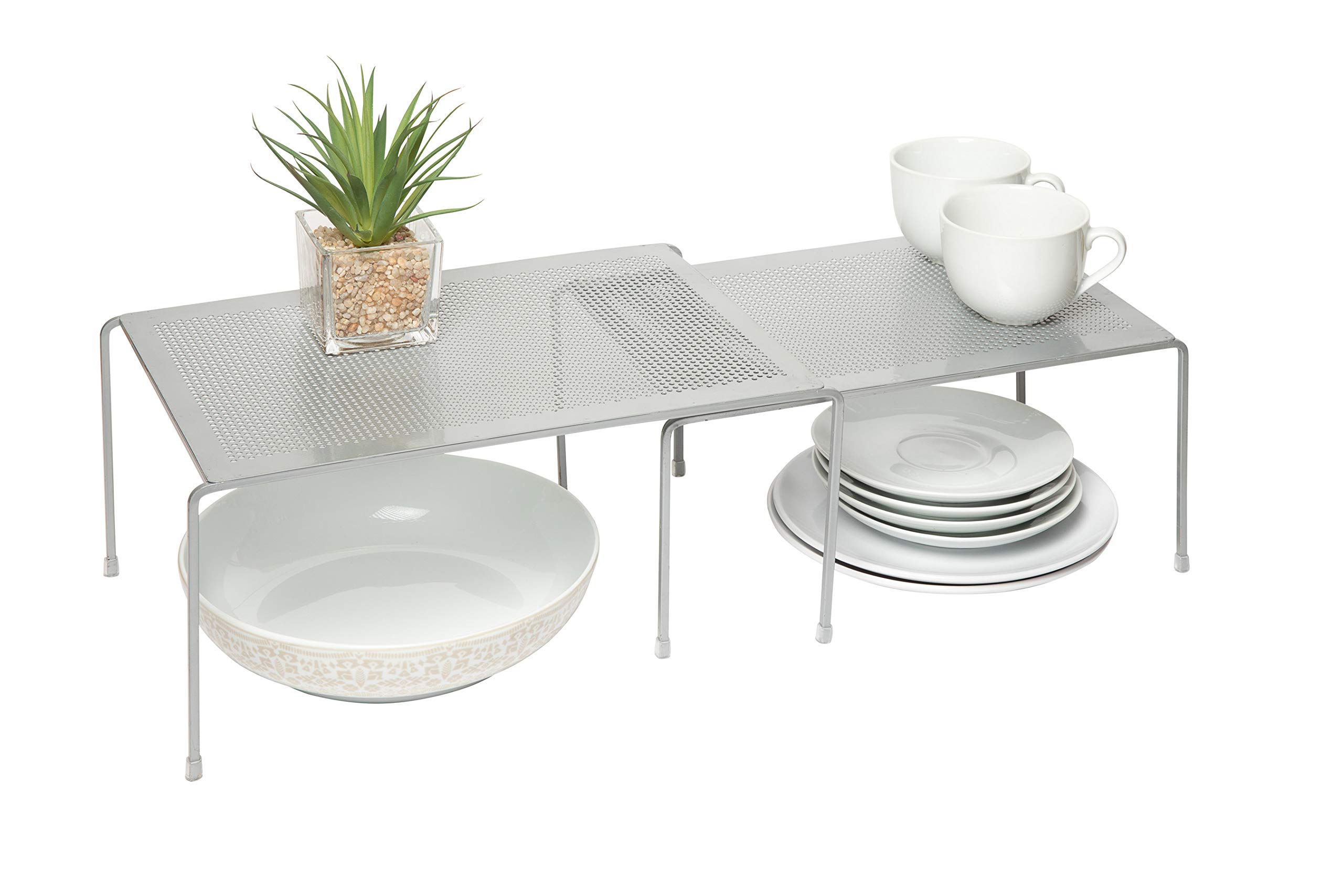 Amtido Kitchen Cupboard Organiser - Cupboard and Pantry Shelving Unit - Plates, Cups, Mugs, Dish Rack - Sturdy Food and Spice Storage Solution - Silver