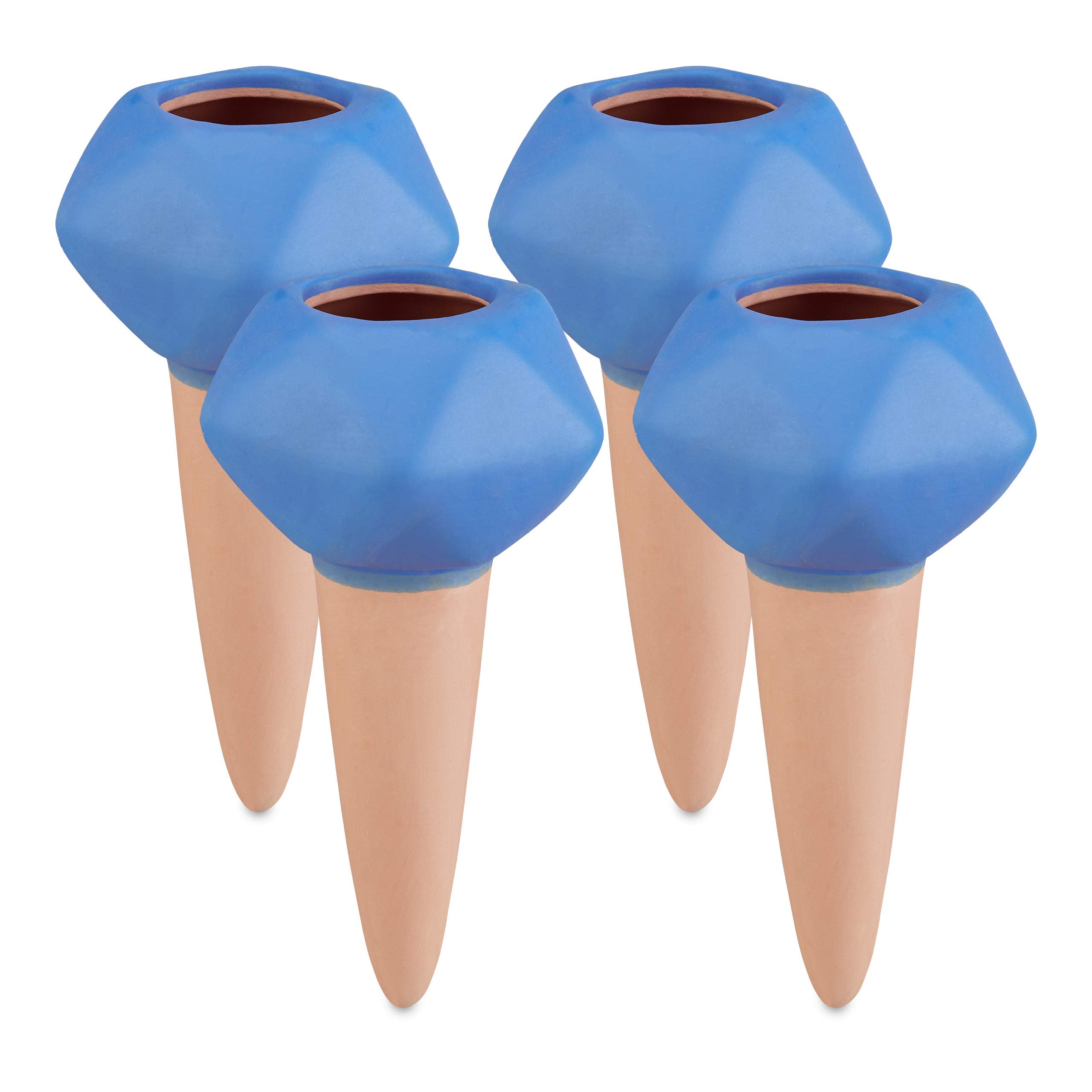 Relaxdays globes, plant, set of 4 spikes, Ø 6cm, garden self-watering system, terracotta/blue, Ceramics, 11.5 x 6 x 6 cm