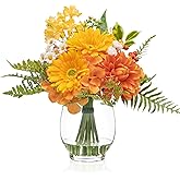 Artificial Flowers in Vase with Fake Water, Faux Silk Dahlia & Gerbera Daisy Flower Arrangements for Spring & Summer Home Wedding Birthday Wedding Party Dining Table Decor & Gift (Yellow & Orange)