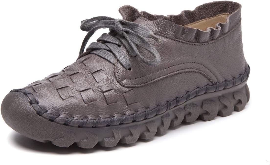 Women's Leather Loafers Shoes,Ladies Leather Flat Loafer Women Casual Work Shoes Handmade Stitching Lace Up Flat Indoor and Outdoor Single Shoes