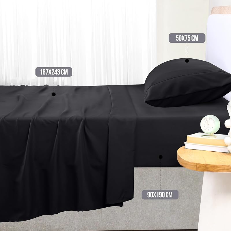 Set Lenzuola Letto 3 Pezzi, 90x190cm, Nero
