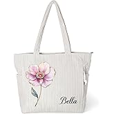 BYFDIY Personalized Retro Gemstone Birth Flower Corduroy Bag Large Custom Name Travel Tote Bag With Side Pocket Zipper Work Everyday Mother Handbags Birthday Christmas Gifts for Women Daughter Grandma