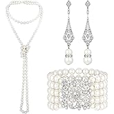 Maitys 3 Pcs 1920s Pearl Jewelry Set Includes Vintage Flapper Earrings Multilayer Imitation Pearl Necklace Bracelet for Women