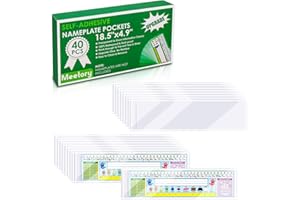 MEETORY 40 PCS Nameplate Pocket, 18.5" x 4.9" Self Adhesive Desk Nameplates Name Tag Pocket, No Residue Clear Plastic View Name Tag Sleeves for Classroom Desk, Office Supplies