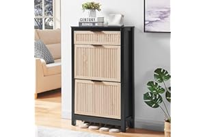 HUSHEDIFY 2 Flip Drawers Shoe Cabinet Storage for Entryway, Narrow Shoes Organizer Cabinet for Front Door Entrance, Free Standing Hidden Wooden Hallway Shoe Rack(Oak&Black)