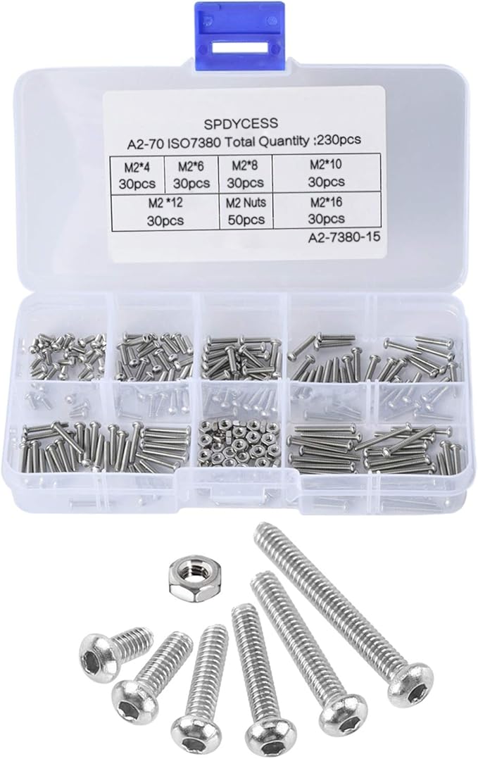 230pcs Bolts and Nuts Set M2 304 Stainless Steel Round Head Hex Socket