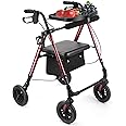Ambliss Rollator Walker Red 8" Large 4 Wheels Rolling Walkers for Seniors with Adjustable Armrest and Seat Locking Brakes Aluminum Lightweight Foldable Walker with Tray Support 300 lbs