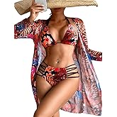 ChiaoLezhee Women's 3 Piece Tropical Bikini Set with Mesh Coverup, Sexy Crisscross Cutout Swimsuits for Pool Party