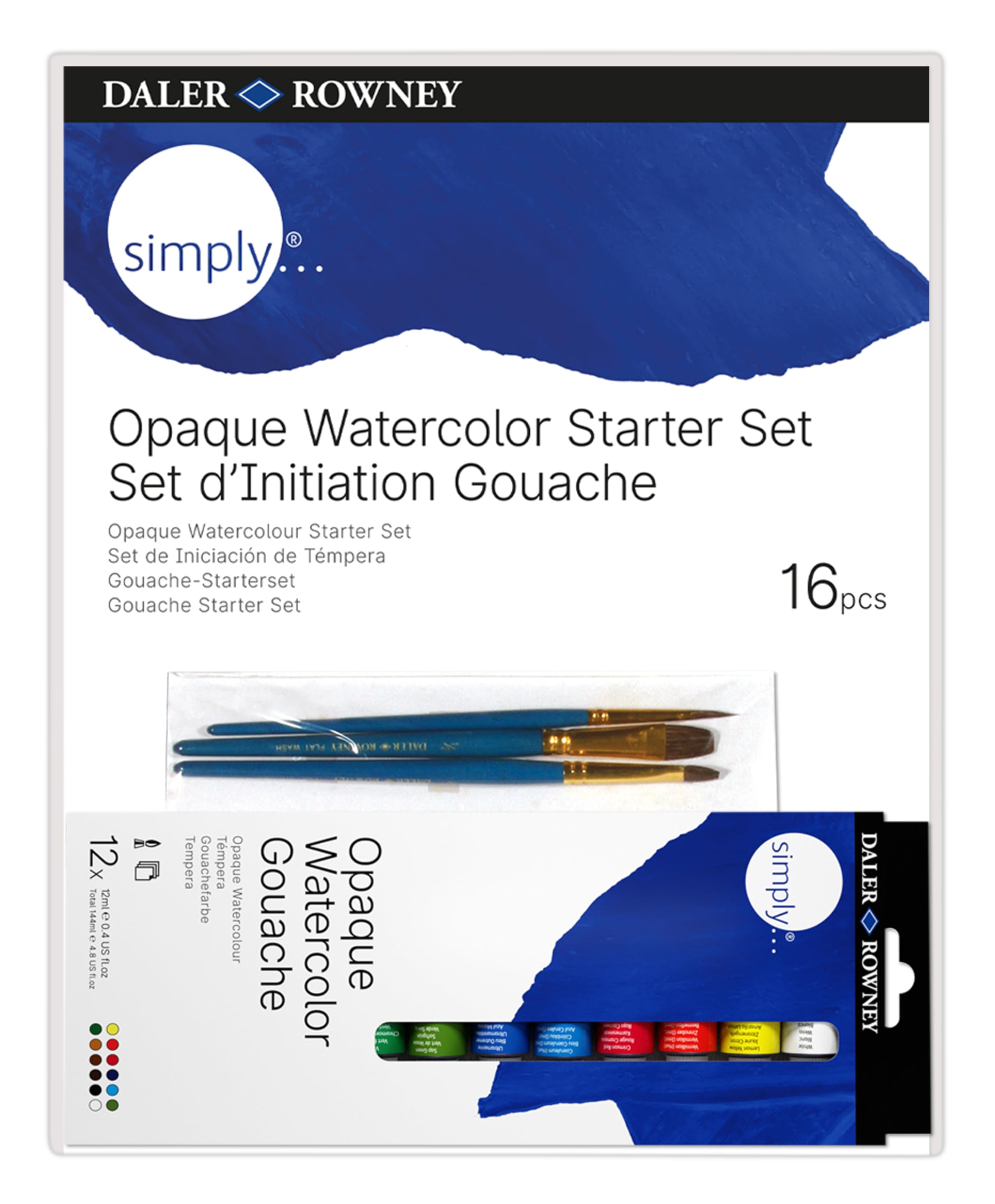 Daler-Rowney Simply Gouache Starter Paint Set, 16 Pieces, 12 Assorted Colours, Opaque Watercolour, For Entry-Level Artists & Hobbyists