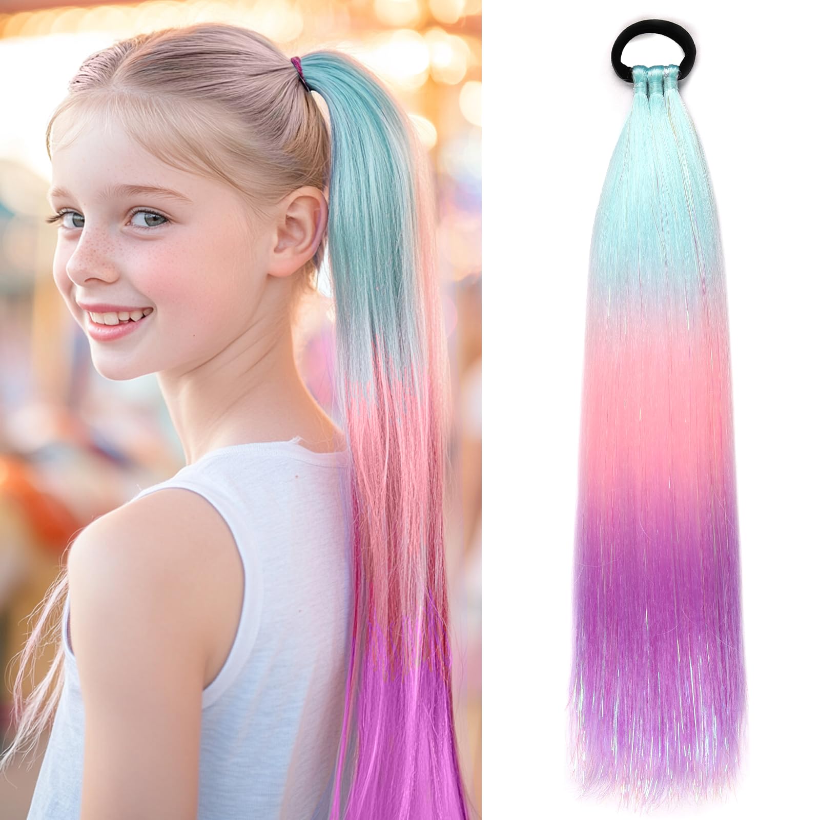 Rainbow Ponytail Extensions With Hair Tie 1 Packs 80g/Pack Coloured Hair Extensions for Braiding 18 inch Colorful Ombre Mermaid Pony Tail Synthetic Hair Extensions for Girl Women XX32 โ image 1