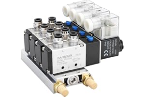 Baomain 4 Station Solenoid Valve Manifold, 24V DC 5 Way 2 Position Pneumatic Air Valve, Four Solenoid, 1/4" PT Port, Includes Manifold Base & Mufflers, 4V210-08