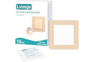 LVONGE Silicone Foam Dressing 4"x4"(10 Pack) with Adhesive Border, Wound Care Dressings Highly Absorbent Large Waterproof Silicone Bandages for Pressure Ulcers, Bedsores, Leg Ulcers