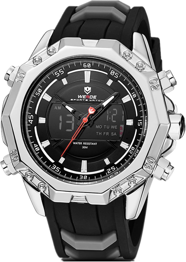 Men Sport Outdoor Military Analog Digital Quartz Watch,Rubber,Calendar,Chronograph(Silver/Black)