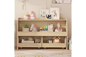 COZPAW Toy Storage Organizer, 2 Tier Montessori Shelf with Movable Bins, Toy Organizers Book Shelf for Kids Room, Playroom, Nursery (Wood)