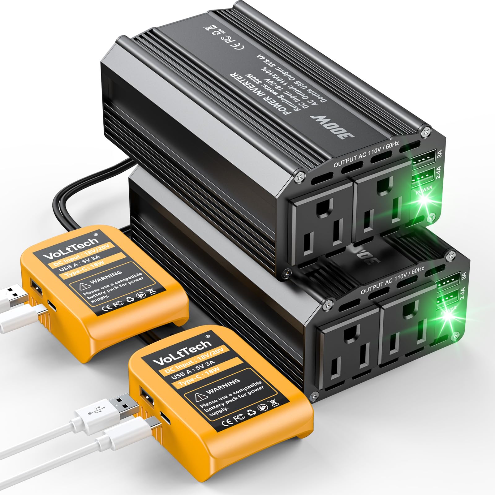 Photo 1 of 2PCS 300W Power Inverter 20V to 110V Compatible With Dewalt: VoLtTech Portable Battery Inverter Phone Charger Adapter with 2 AC Outlet & 2 USB Ports for Car, Vehicles, Laptop, Computer, Tools, Camping