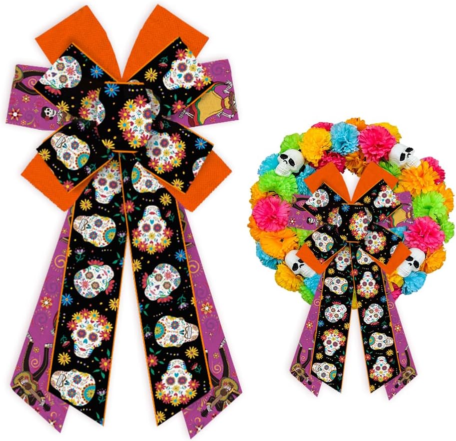 Bows & Ribbons - Threetols Large Day of The Dead Bow for Wreath, Sugar Skull Flower Wreath Bows Mexican Dia De Los Meurtos Orange Purple Black Bows for Front Door, Halloween Tree Bows for Mexican Ofrenda Party Supply