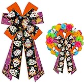 Threetols Large Day of The Dead Bow for Wreath, Sugar Skull Flower Wreath Bows Mexican Dia De Los Meurtos Orange Purple Black Bows for Front Door, Halloween Tree Bows for Mexican Ofrenda Party Supply