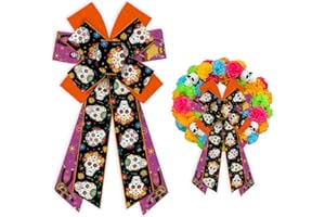 Threetols Large Day of The Dead Bow for Wreath, Sugar Skull Flower Wreath Bows Mexican Dia De Los Meurtos Orange Purple Black Bows for Front Door, Halloween Tree Bows for Mexican Ofrenda Party Supply