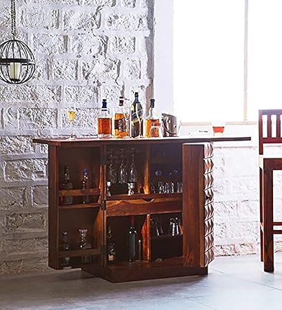 Liza Wood Decor Sheesham Wood Bar Cabinet with Wine Glass Storage for Home (Honey Oak Finish)