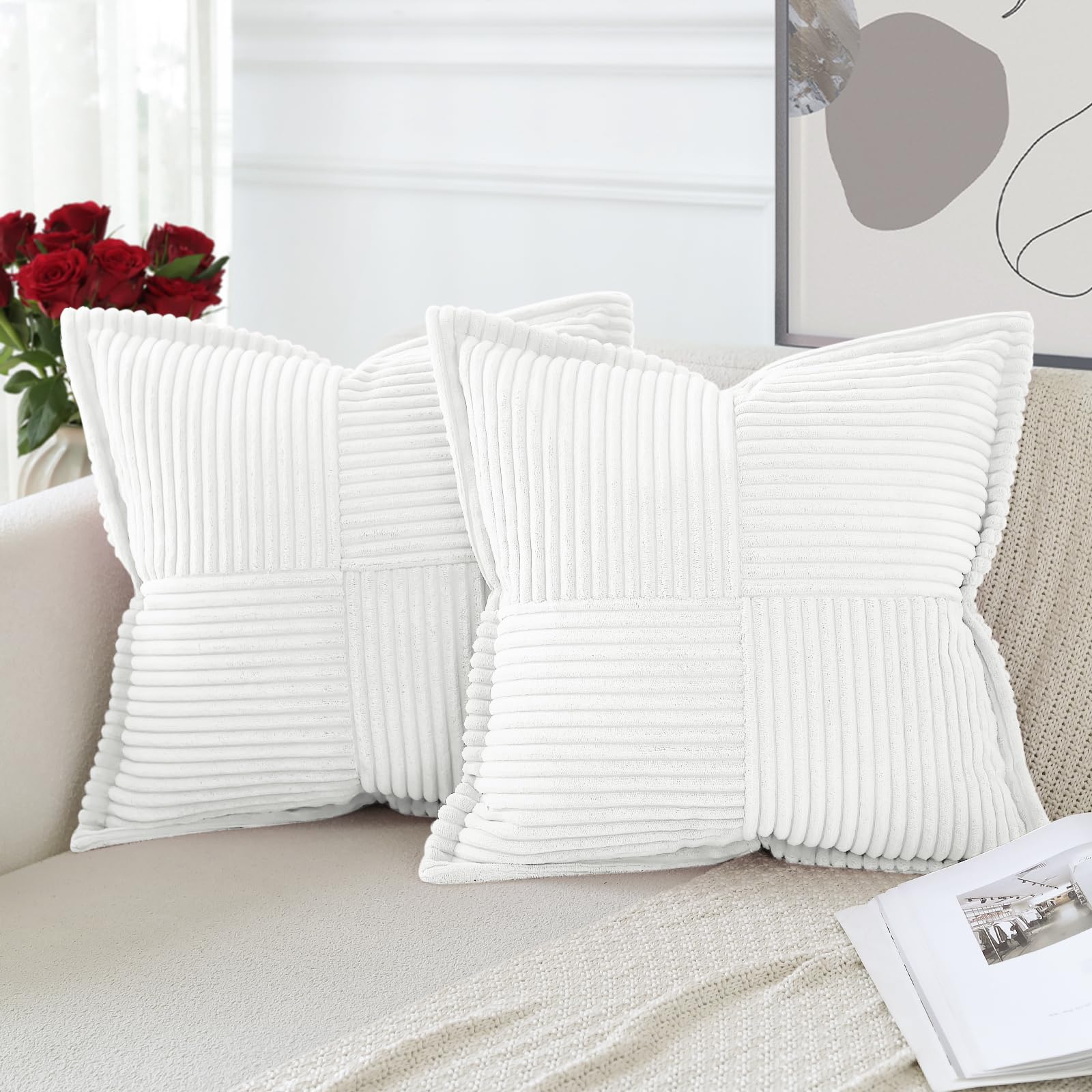 Artscope Corduroy Cushion Covers Pack of 2 Modern Patchwork Throw Pillow Covers Soft Pillowcase Broadside Decorative Textured Cushions for Home decor Sofa Bedroom Couch White 45x45cm โ image 1