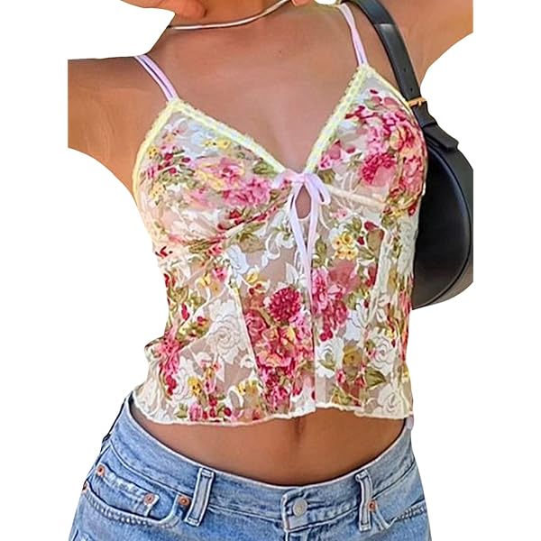 Women's Spaghetti Strap Camisole Floral Print V Neck Tie-Up