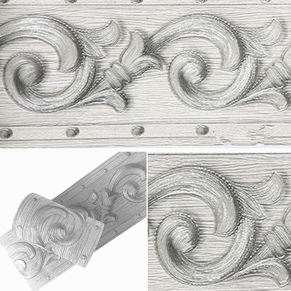 Meboom 3D Grey Floral Wallpaper Border Peel Stick Molding Home Ceiling Self Adhesive Waterproof Decorative Border for Bathroom Living Room Kitchen Wall 10cm by 5meters