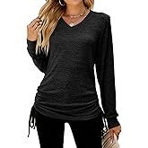 LYKSAW Women's V Neck Drawstring Ruched Long Sleeve Casual Blouse Tunic Tops Pullover T Shirts