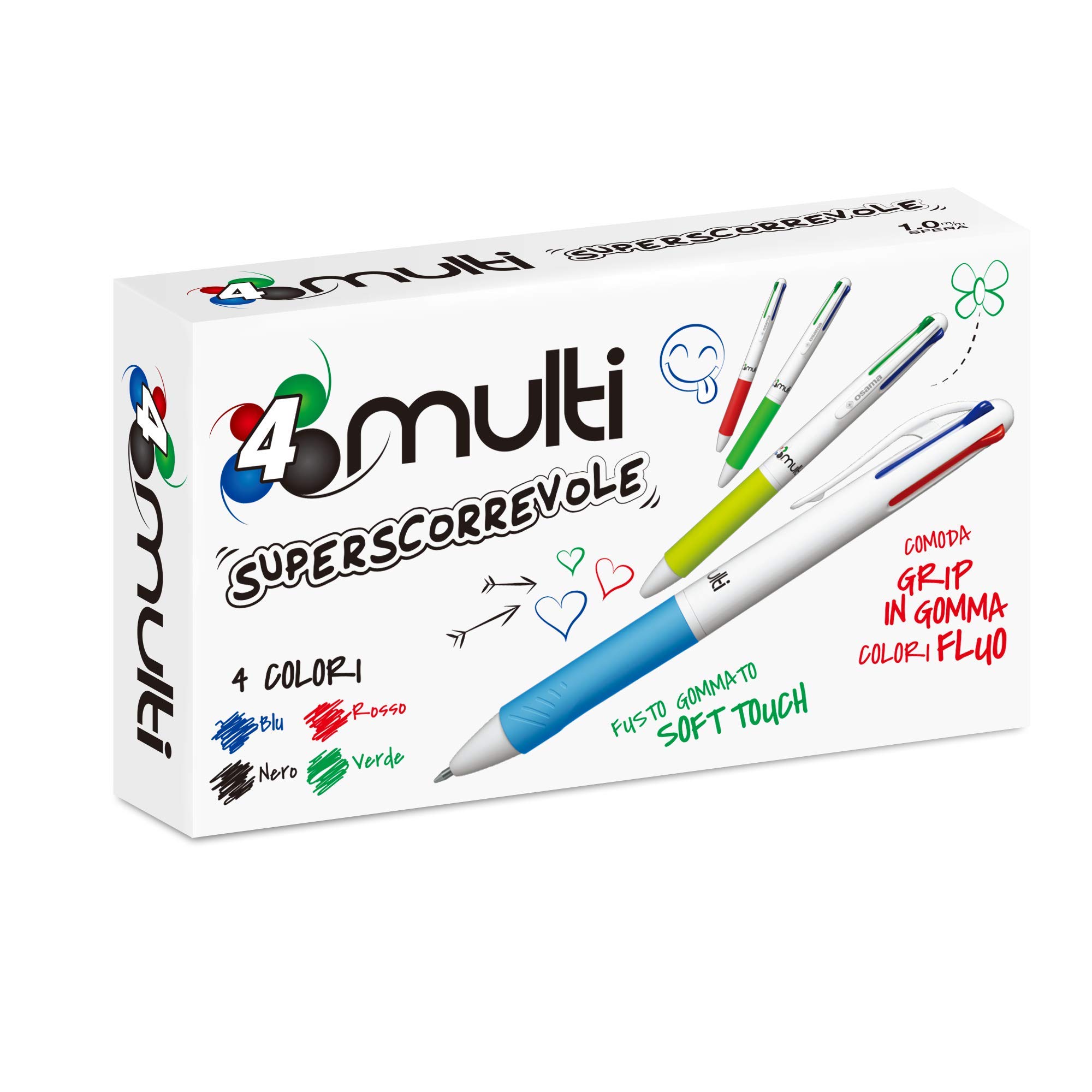 Osama 4 Multi - Set of 12 Retractable Ballpoint Pens 4 Colours - 4 Colours Ballpoint Pens 0.1mm with Black, Blue, Red and Green Ink, Ideal for Writing and School Supplies, University, Office