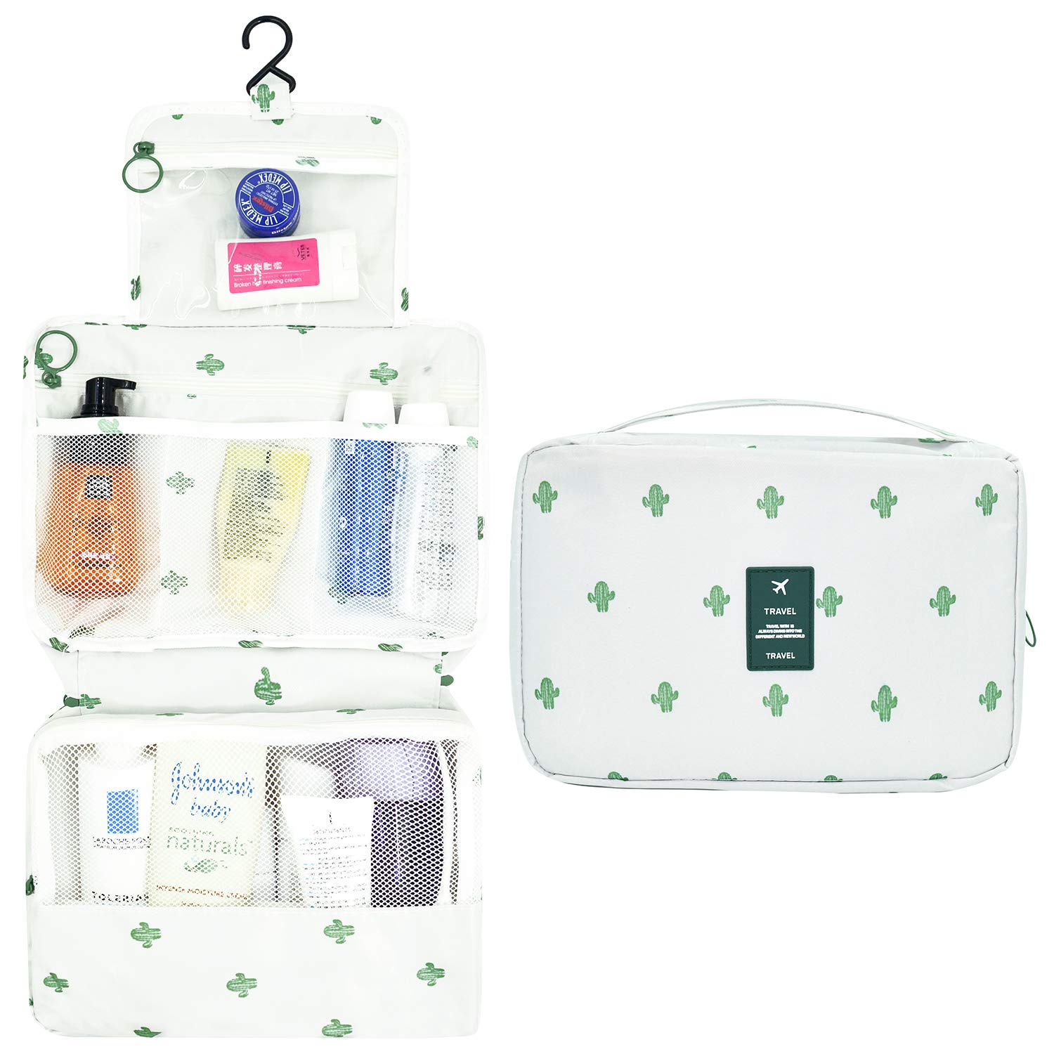 Travel Toiletry Bag for Women Makeup Bags with Sturdy Hook Cosmetic Makeup Organizers for Accessories Skincare Clear Bag White Cactus