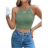 WDIRARA Women's Eyelet Halter Crop Top Lace Embroidery Slim Fitted Tops