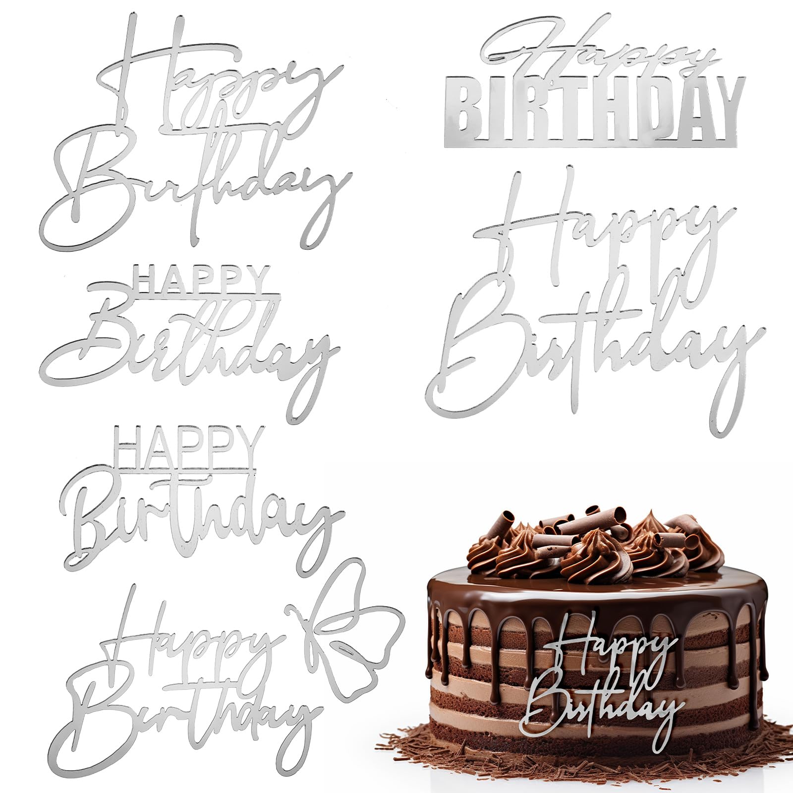 Photo 1 of 6Pcs Cake Toppers Happy Birthday Acrylic Cake Topper Happy Birthday Cake Sign Picks Happy Birthday Cake Decorations Cake Stick Decor for Celebrating Birthday Anniversary Party(Silver)