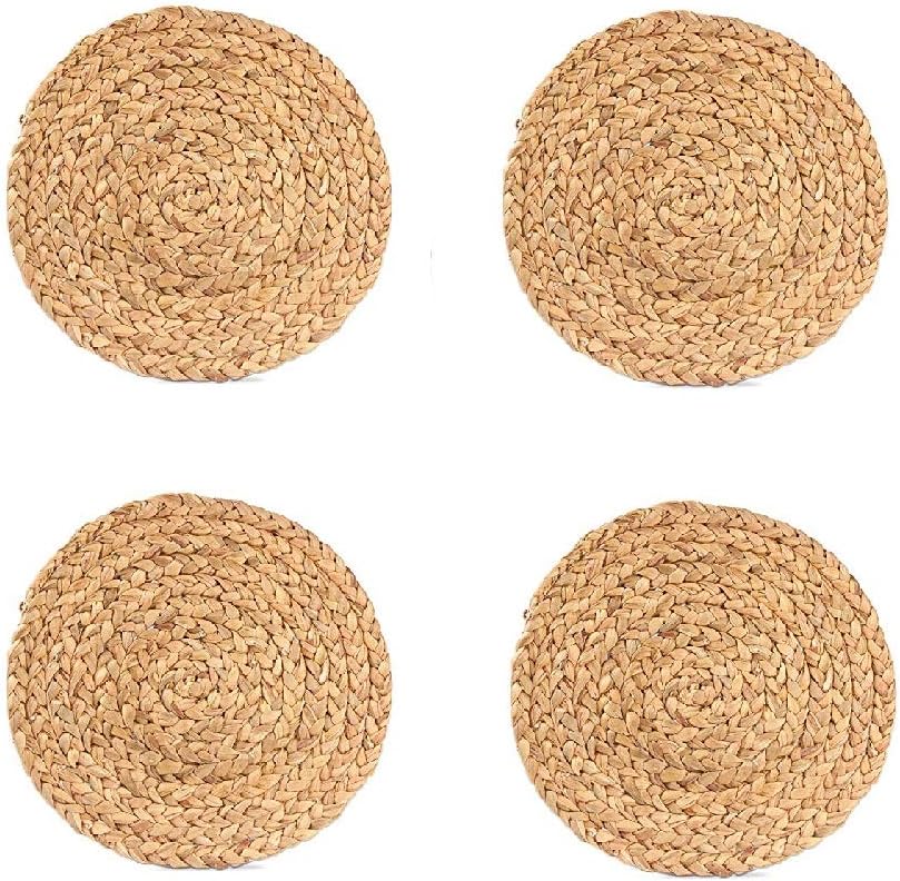 ZKZNsmart 4pcs Natural Water Hyacinth Weave Placemat Heat-Resistant Non-Slip Woven Handmade Round Braided Rattan Tablemats (13.8 inch)