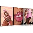 3Pcs African American Black Woman Canvas Wall Art pink Fashion Black Girl Wall Decor Pictures Posters Prints for Home Living Room Bedroom Bathroom Decoration Prepare to hang