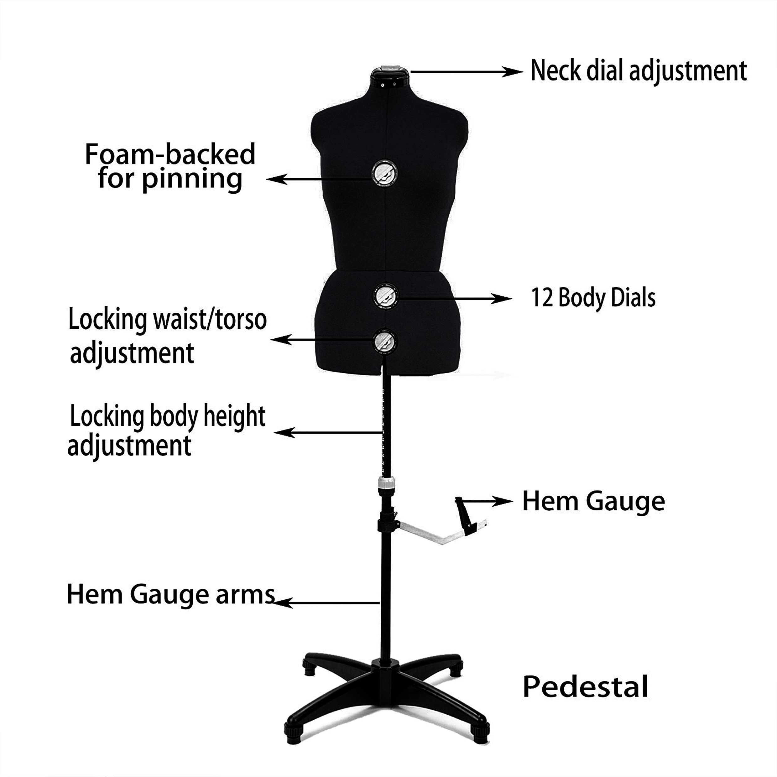 BHD BEAUTY Black 13 Dials Female Fabric Adjustable Mannequin Dress Form for Sewing, Mannequin Body Torso with Tri-Pod Stand, Up to 70