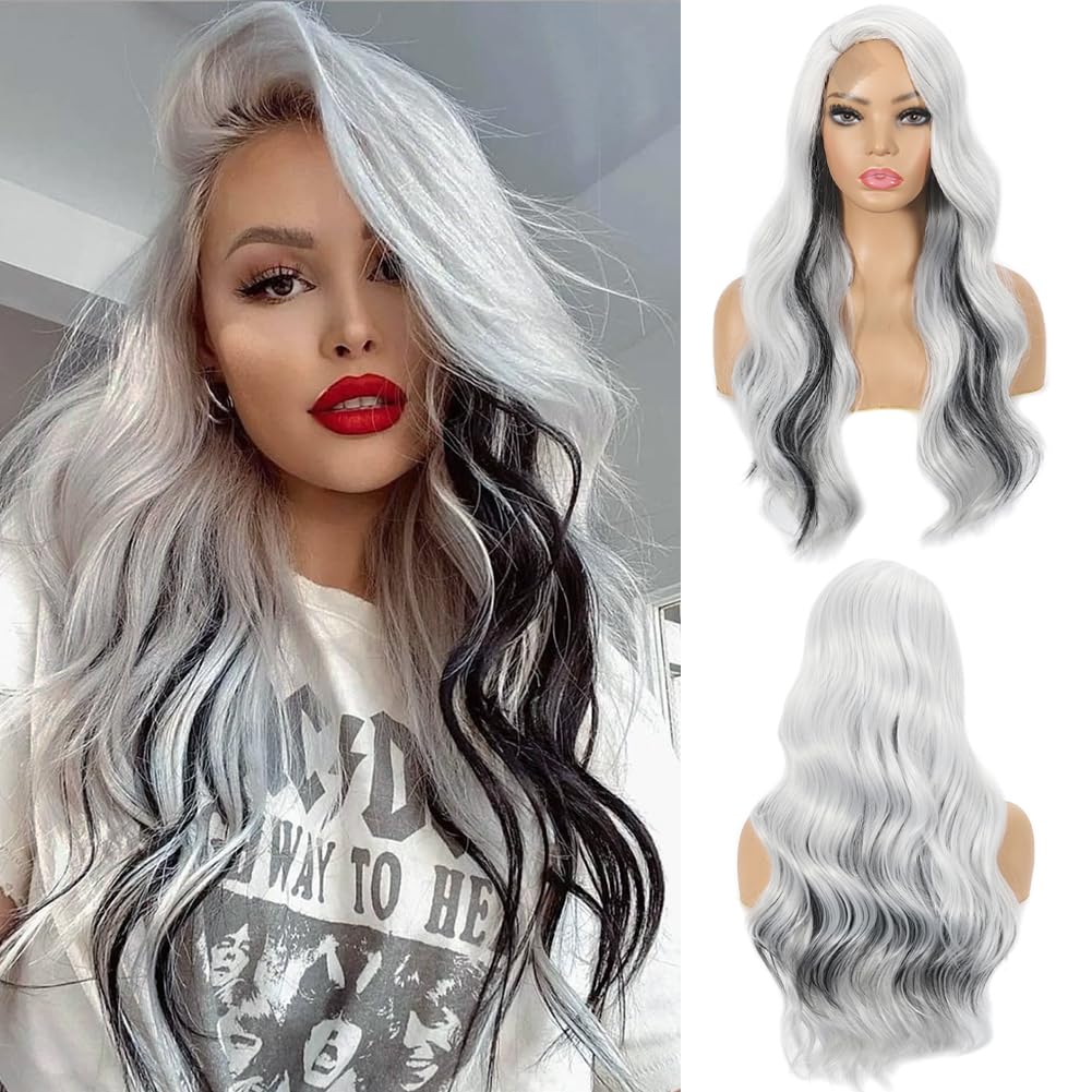 Photo 1 of Daiaces Long Black and White Wavy Wig for Women Lace Front Wig Natural Wave Synthetic Wig for Cosplay Party Use
