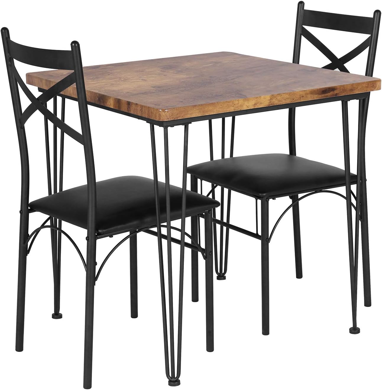 VECELO Dining Set Industrial Style 3 Pieces Kitchen Wood Table 2 Chairs with Metal Legs，Retro Brown and Black - Table & Chair Sets