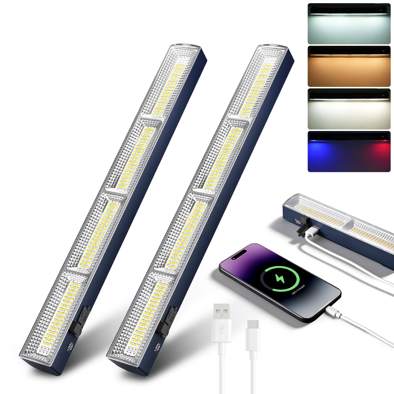 magnetic light bar, rechargeable led work light with hooks, 7500mah cordless portable lamp for under cabinet, garage, car repair, workshop & emergency (1, black)