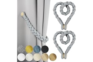 Porlau 2 Pack Grey Magnetic Soft Curtain Tiebacks Cotton Hand-Woven Tieback Holdback Home Decorative Tie Backs with Wooden Buckle for Home Office Decor